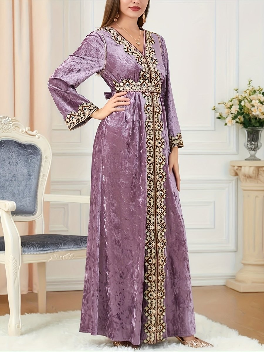 Elegant Velvet Embroidered Abaya Kaftan for Women – Maxi Dress with Belt - Free Delivery Worldwide only at Flexi Africa