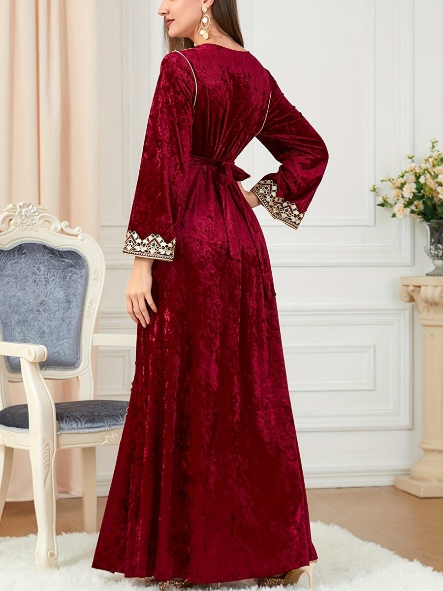 Elegant Velvet Embroidered Abaya Kaftan for Women – Maxi Dress with Belt - Free Delivery Worldwide only at Flexi Africa