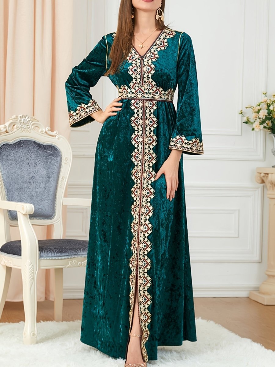 Elegant Velvet Embroidered Abaya Kaftan for Women – Maxi Dress with Belt - Free Delivery Worldwide only at Flexi Africa