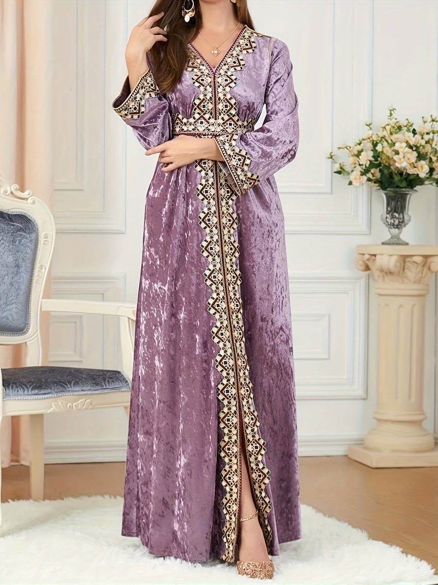 Elegant Velvet Embroidered Abaya Kaftan for Women – Maxi Dress with Belt - Free Delivery Worldwide only at Flexi Africa