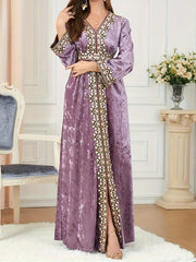 Elegant Velvet Embroidered Abaya Kaftan for Women – Maxi Dress with Belt - Free Delivery Worldwide only at Flexi Africa
