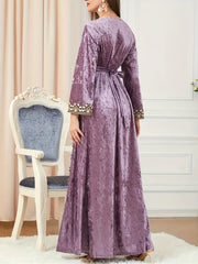 Elegant Velvet Embroidered Abaya Kaftan for Women – Maxi Dress with Belt - Free Delivery Worldwide only at Flexi Africa