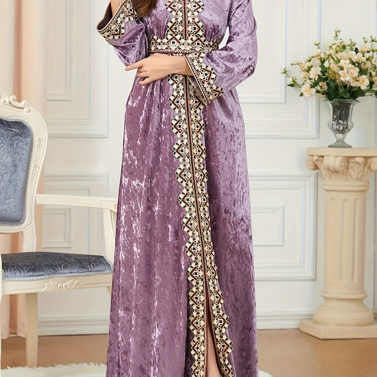 Elegant Velvet Embroidered Abaya Kaftan for Women – Maxi Dress with Belt - Free Delivery Worldwide only at Flexi Africa