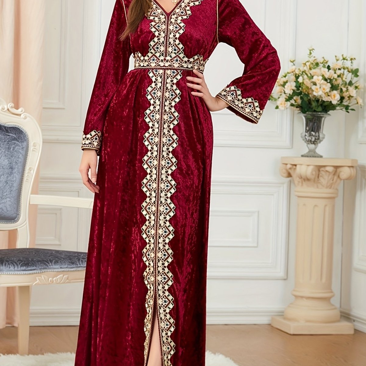 Elegant Velvet Embroidered Abaya Kaftan for Women – Maxi Dress with Belt - Free Delivery Worldwide only at Flexi Africa