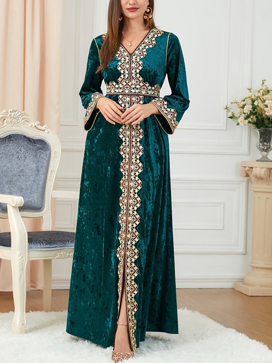 Elegant Velvet Embroidered Abaya Kaftan for Women – Maxi Dress with Belt - Free Delivery Worldwide only at Flexi Africa