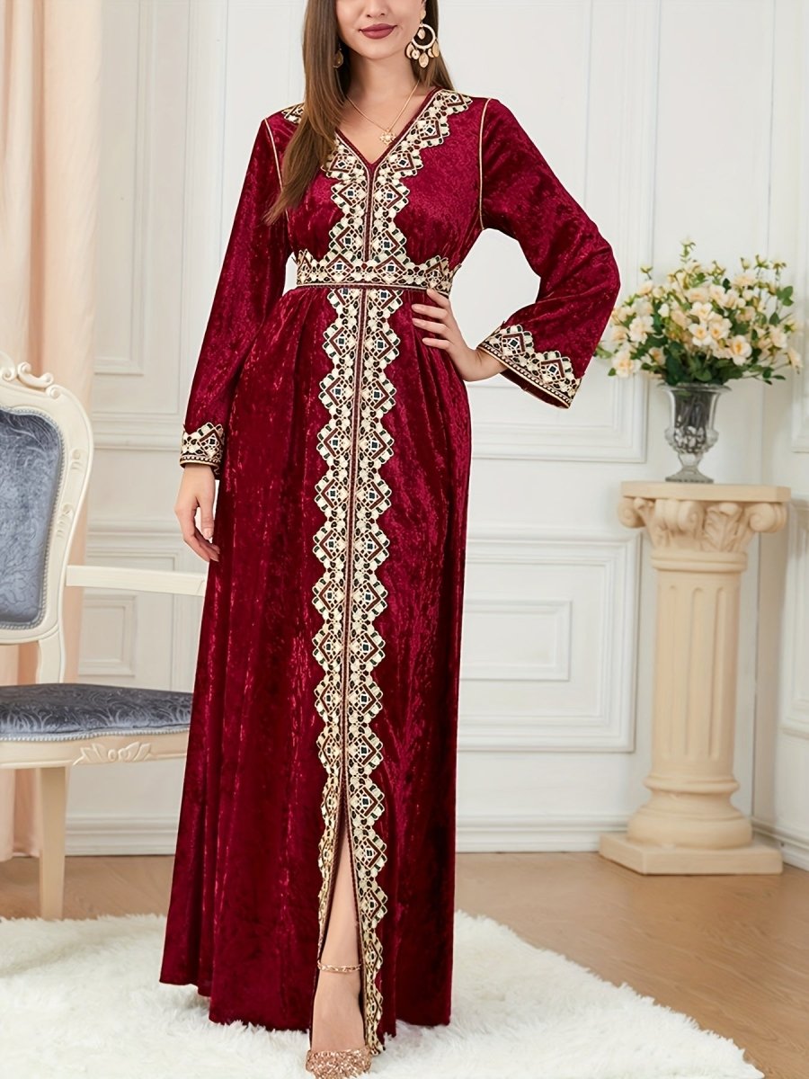 Elegant Velvet Embroidered Abaya Kaftan for Women – Maxi Dress with Belt - Free Delivery Worldwide only at Flexi Africa