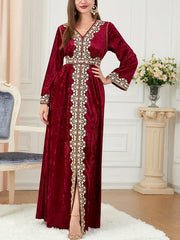 Elegant Velvet Embroidered Abaya Kaftan for Women – Maxi Dress with Belt - Free Delivery Worldwide only at Flexi Africa