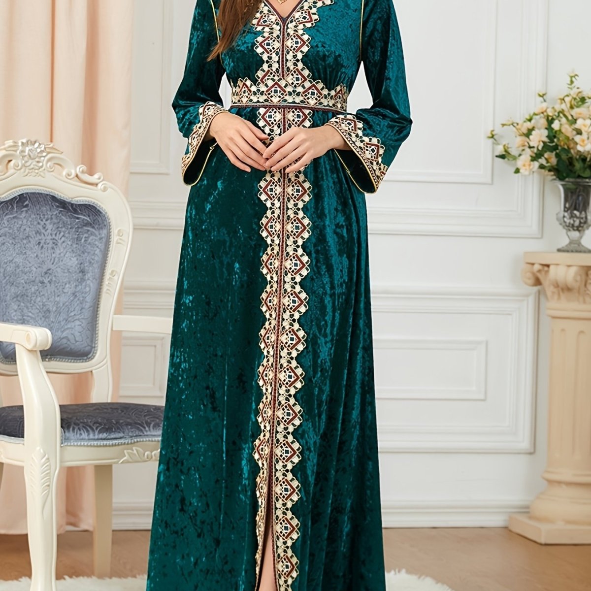 Elegant Velvet Embroidered Abaya Kaftan for Women – Maxi Dress with Belt - Free Delivery Worldwide only at Flexi Africa