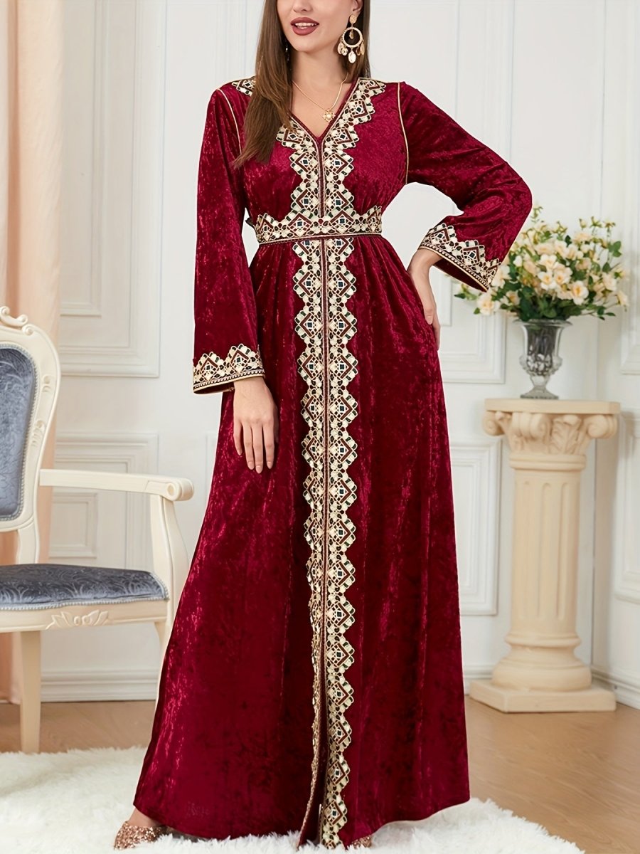Elegant Velvet Embroidered Abaya Kaftan for Women – Maxi Dress with Belt - Free Delivery Worldwide only at Flexi Africa