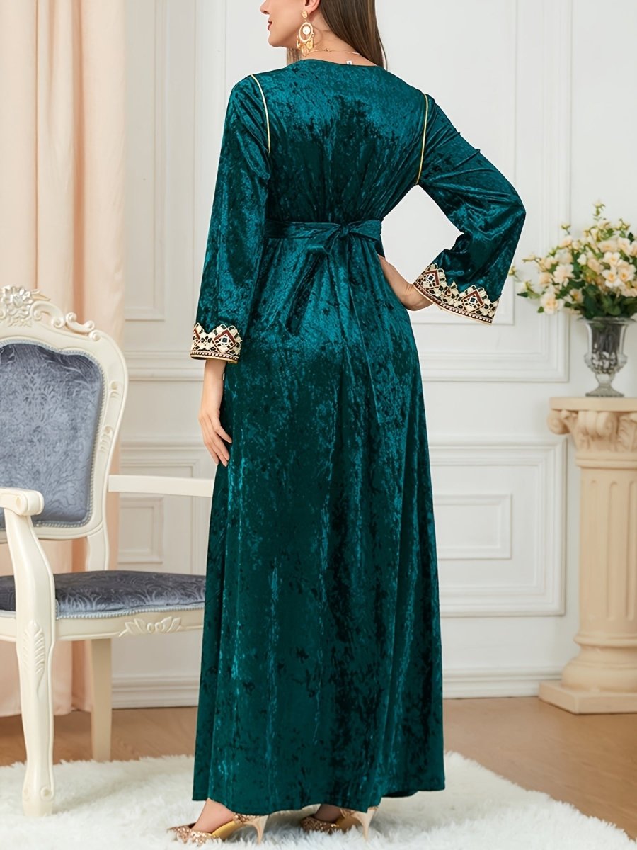 Elegant Velvet Embroidered Abaya Kaftan for Women – Maxi Dress with Belt - Free Delivery Worldwide only at Flexi Africa