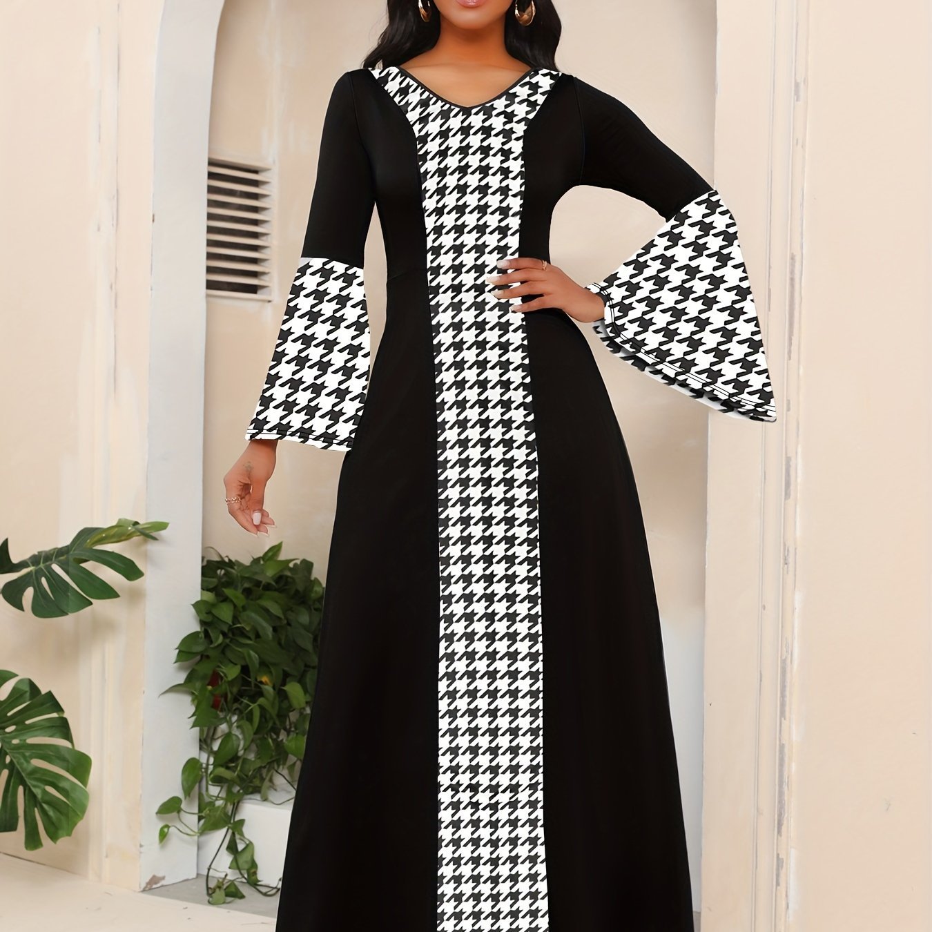 Ethnic Print Splicing Dress, Elegant Flared Sleeve V - Neck Maxi Dress - Free Delivery Worldwide only at Flexi Africa