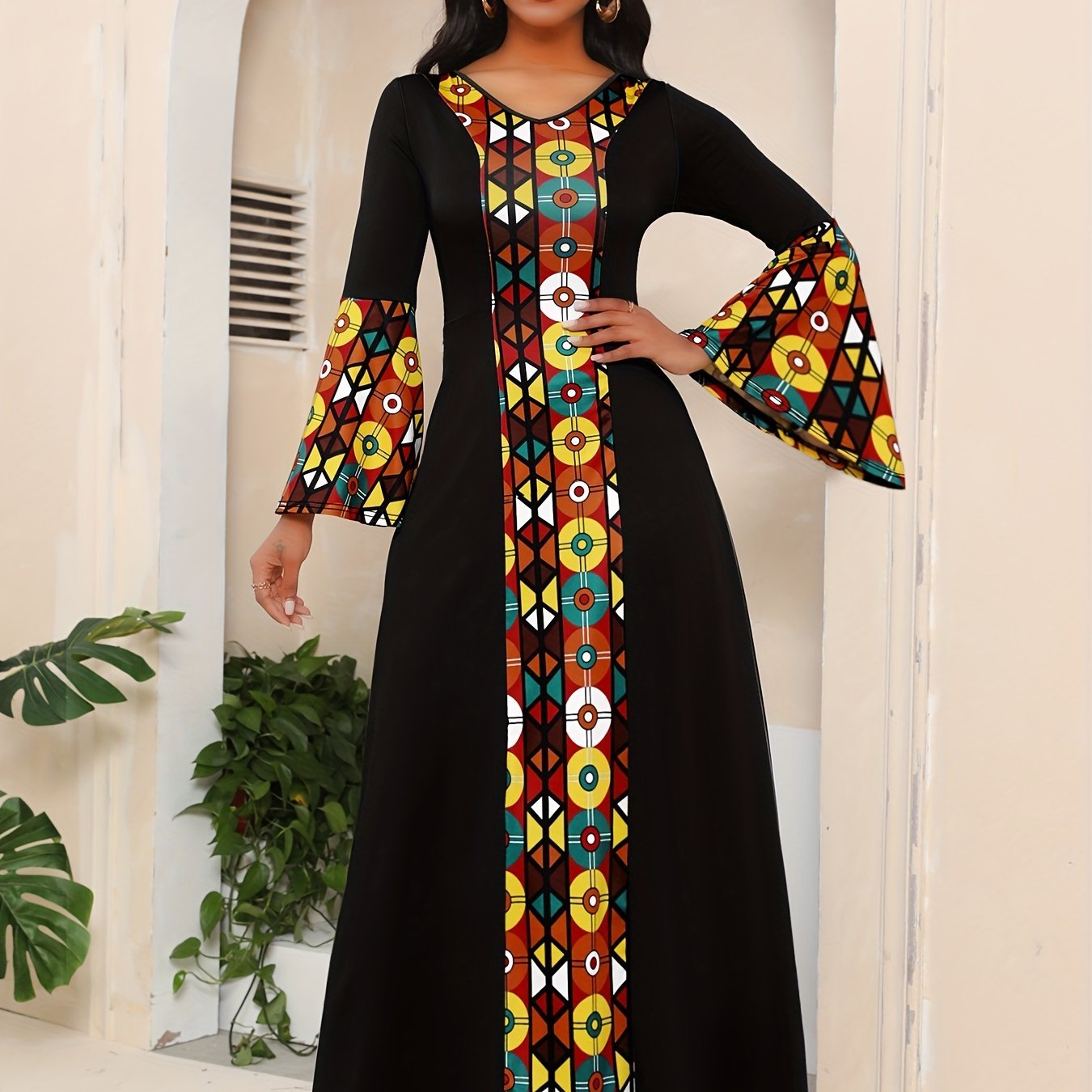 Ethnic Print Splicing Dress, Elegant Flared Sleeve V - Neck Maxi Dress - Free Delivery Worldwide only at Flexi Africa