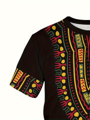 Ethnic Style Printed T-shirt, Men's Casual Street Style Stretch Round Neck Tee Shirt For Summer - Free Delivery Worldwide only at Flexi Africa