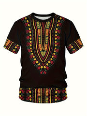 Ethnic Style Printed T-shirt, Men's Casual Street Style Stretch Round Neck Tee Shirt For Summer - Free Delivery Worldwide only at Flexi Africa