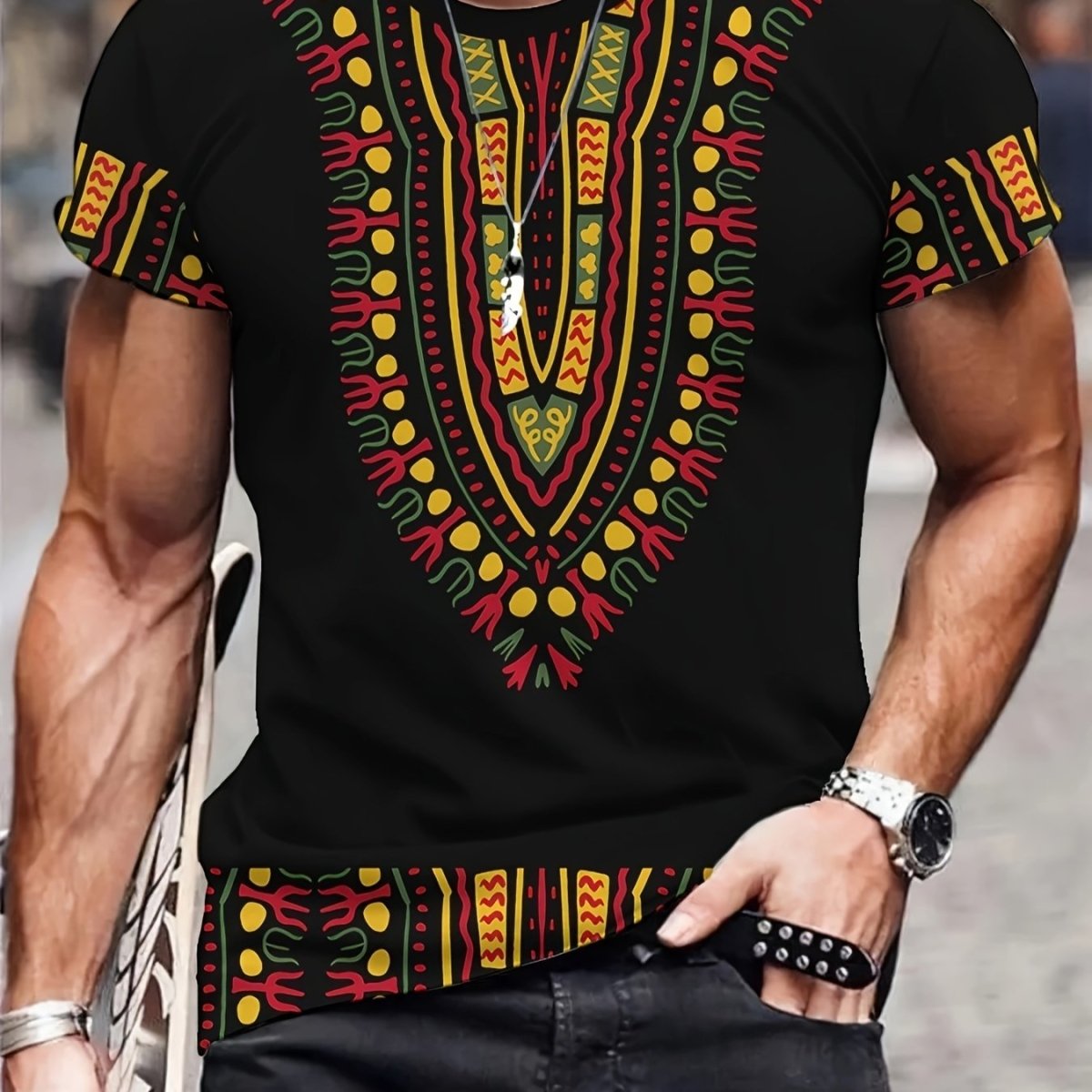 Ethnic Style Printed T-shirt, Men's Casual Street Style Stretch Round Neck Tee Shirt For Summer - Free Delivery Worldwide only at Flexi Africa