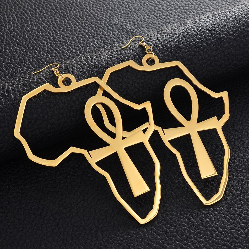 Exaggerated Elegance: African Map Big Ankh Earrings with Traditional Ethnic Style and Symbolism - Free Delivery Worldwide