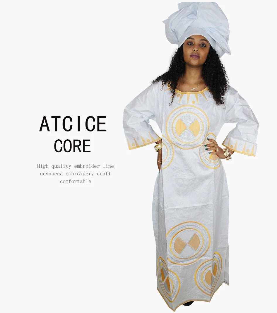 Fashionable African Dresses for Women: Bazin Riche Embroidery Long Dress with Matching Scarf - Free Delivery Worldwide only at Flexi Africa