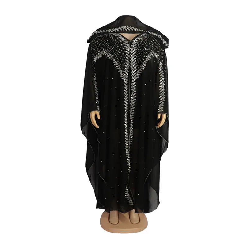 Femme Diamonds Chiffon African Dresses for Women 2024 Hooded Traditional Clothing Dubai Abaya Kaftan Africa Dashiki Robe Gown - Free Delivery Worldwide only at Flexi Africa