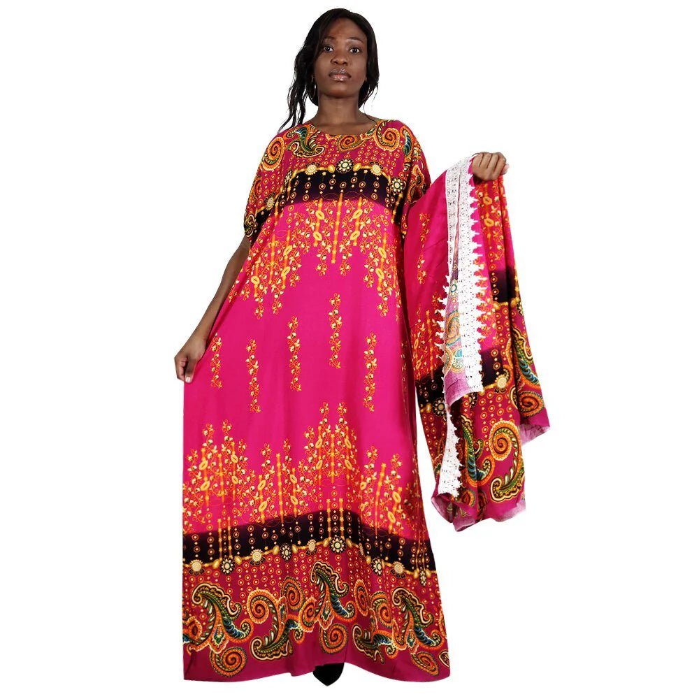 Floral Print African Dress for Women with Lace Detailing and Matching Scarf - 100% Cotton - Flexi Africa - Free Delivery