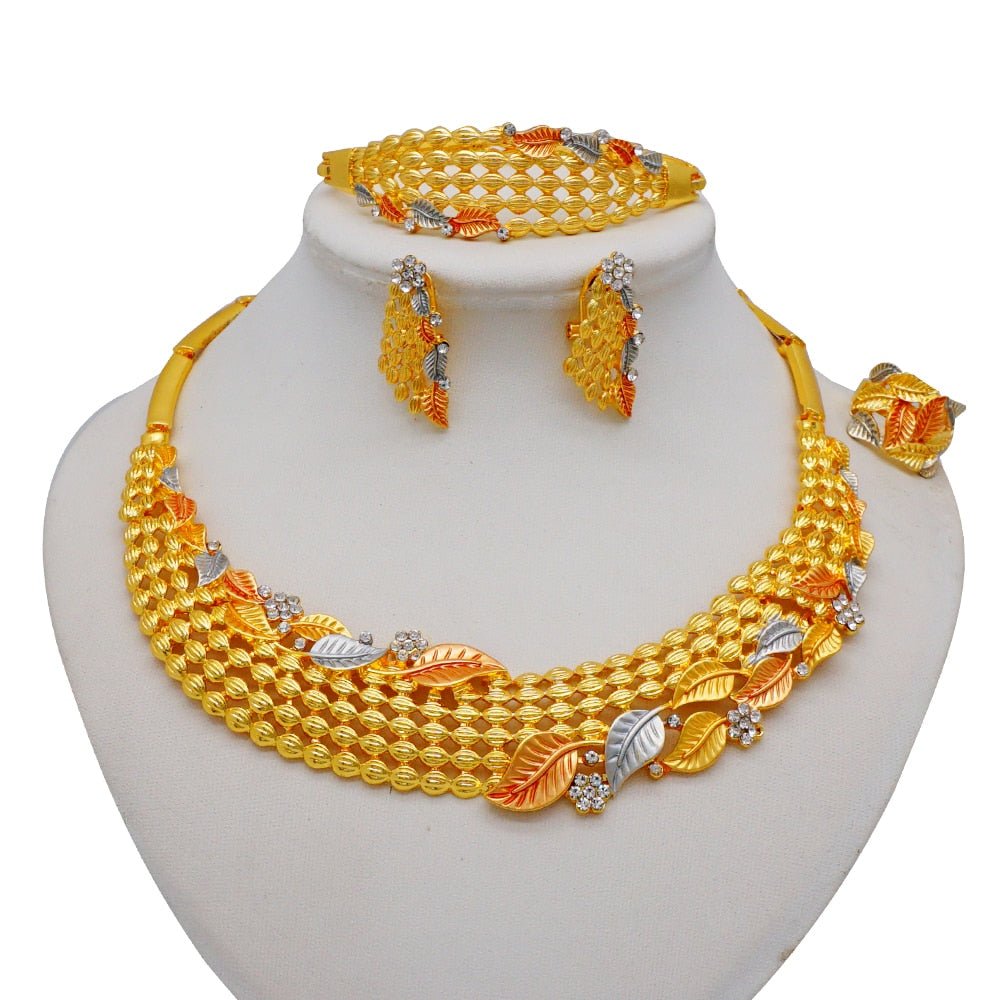 Gold Necklace Set for Women: Ideal for Nigerian African Weddings Complete with Earrings Rings - Flexi Africa