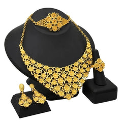 Gold-Plated Jewelry Set: Exquisite 24K Gold-Colored Necklace and Earrings for African Bridal Wear at Nigerian Wedding