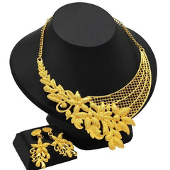 Gold-Plated Jewelry Set: Exquisite 24K Gold-Colored Necklace and Earrings for African Bridal Wear at Nigerian Wedding