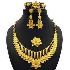 Gold-Plated Jewelry Set: Exquisite 24K Gold-Colored Necklace and Earrings for African Bridal Wear at Nigerian Wedding