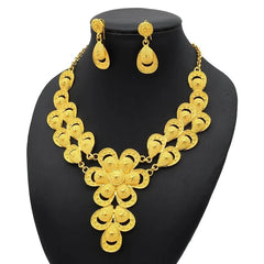 Gold-Plated Jewelry Set: Exquisite 24K Gold-Colored Necklace and Earrings for African Bridal Wear at Nigerian Wedding