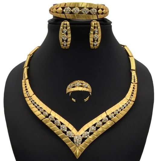 Gold Plated Wedding Jewelry Set - Complete African Chokers Necklace, Earrings, and Rings Fashion Bridal Jewellery Set