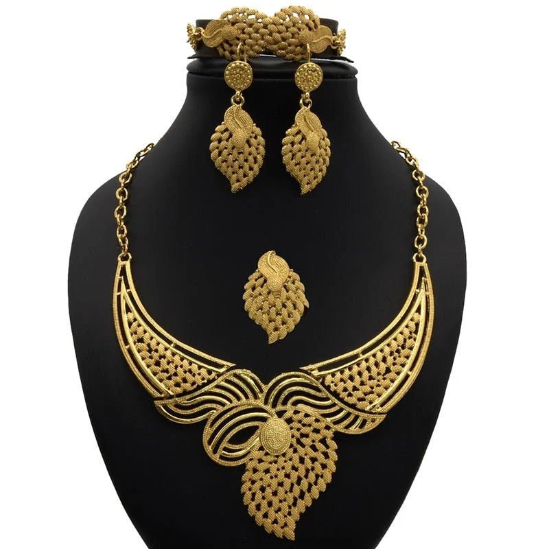 Gold Plated Wedding Jewelry Set - Complete African Chokers Necklace, Earrings, and Rings Fashion Bridal Jewellery Set - Free Delivery Worldwide only at Flexi Africa