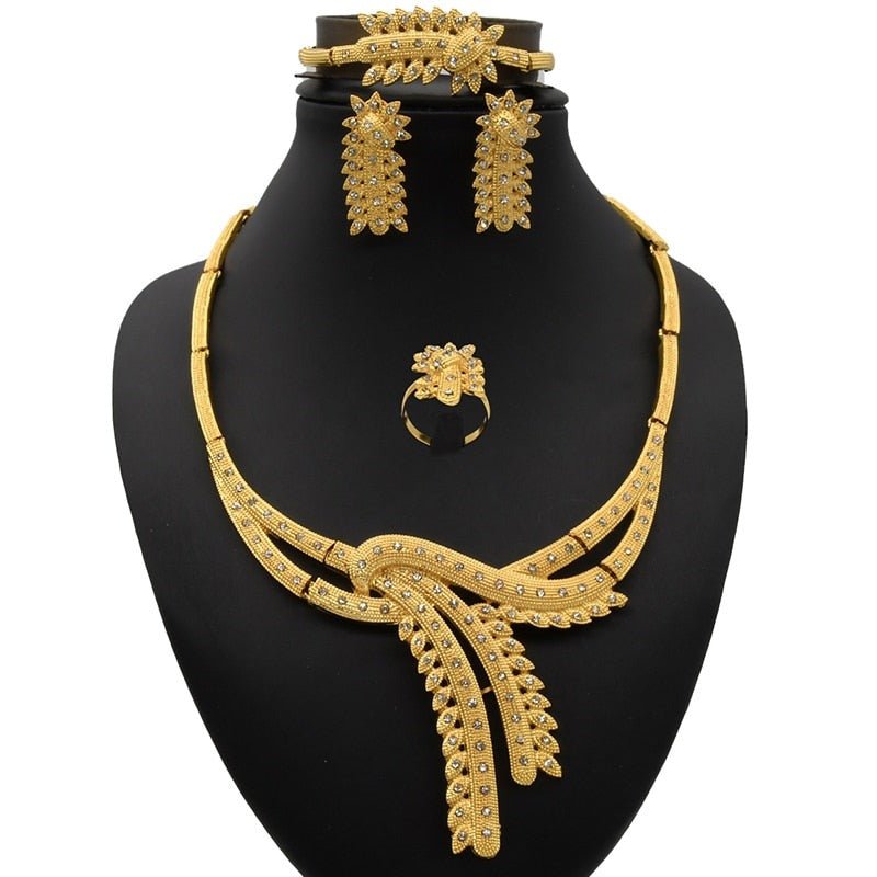 Gold Plated Wedding Jewelry Set - Complete African Chokers Necklace, Earrings, and Rings Fashion Bridal Jewellery Set - Free Delivery Worldwide only at Flexi Africa