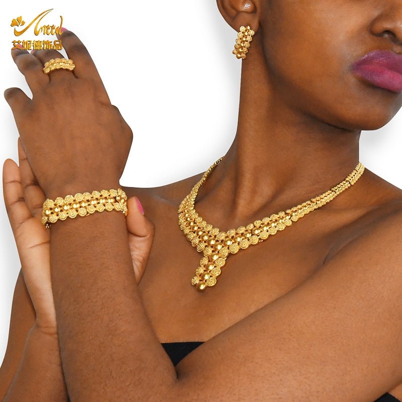 Gold Plated Wedding Jewelry Set - Complete African Chokers Necklace, Earrings, and Rings Fashion Bridal Jewellery Set - Flexi Africa - Flexi Africa offers Free Delivery Worldwide - Vibrant African traditional clothing showcasing bold prints and intricate designs