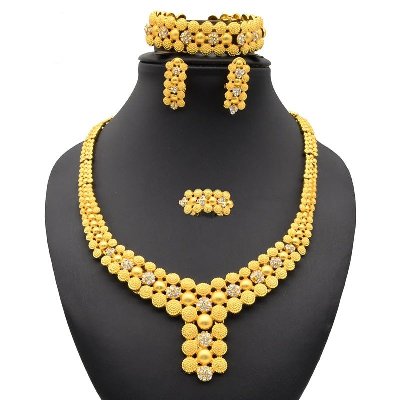 Gold Plated Wedding Jewelry Set - Complete African Chokers Necklace, Earrings, and Rings Fashion Bridal Jewellery Set - Free Delivery Worldwide only at Flexi Africa