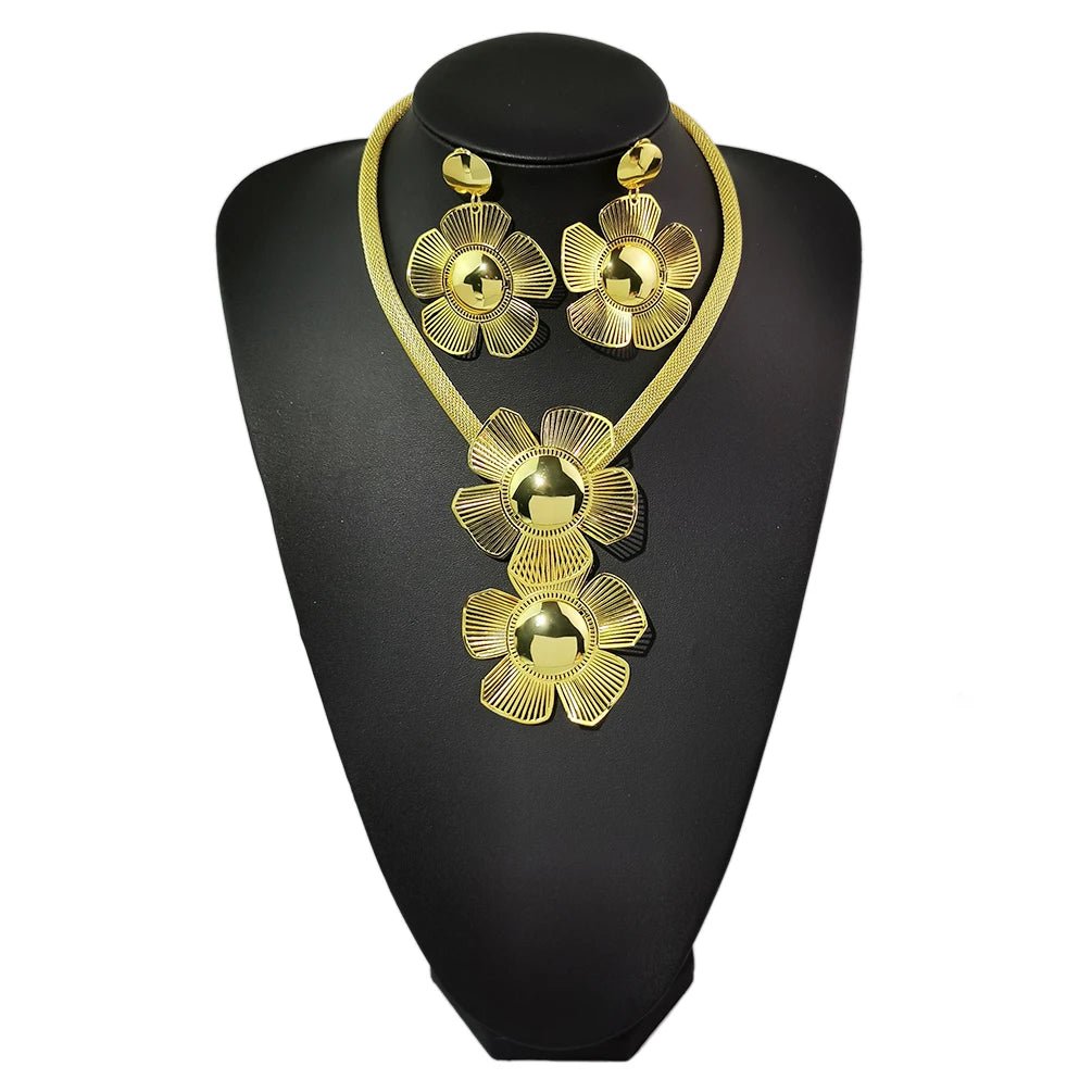 Golden Big Flower Jewelry Set: Pendant Necklace and Drop Earrings - Flexi Africa - Flexi Africa offers Free Delivery Worldwide - Vibrant African traditional clothing showcasing bold prints and intricate designs