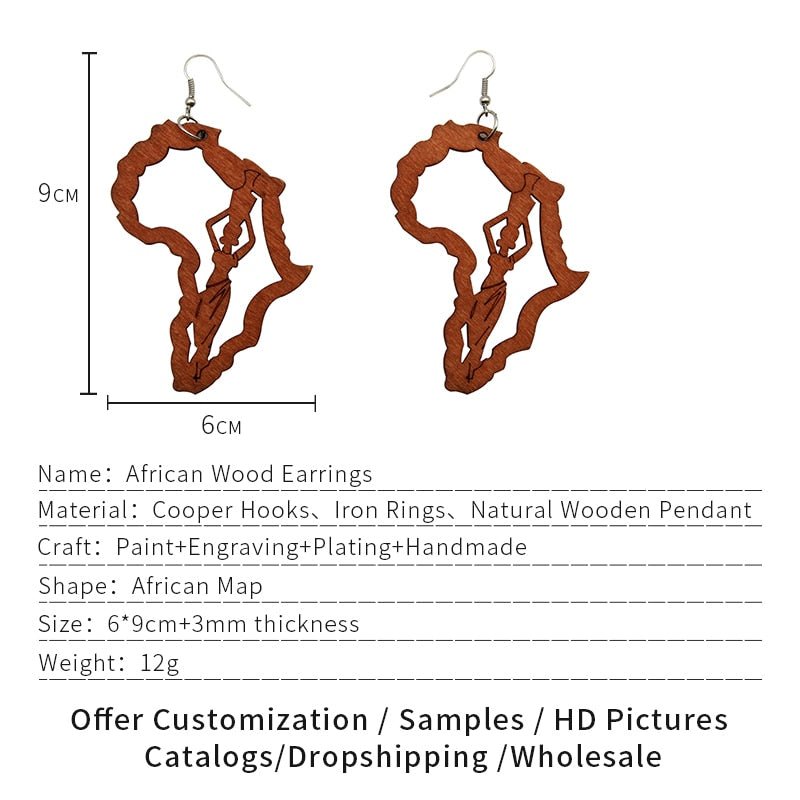 Laser Engraved Afro Wooden Drop Earrings African Motherland Map Ethnic Tribal Pattern Handmade Jewelry - Flexi Africa