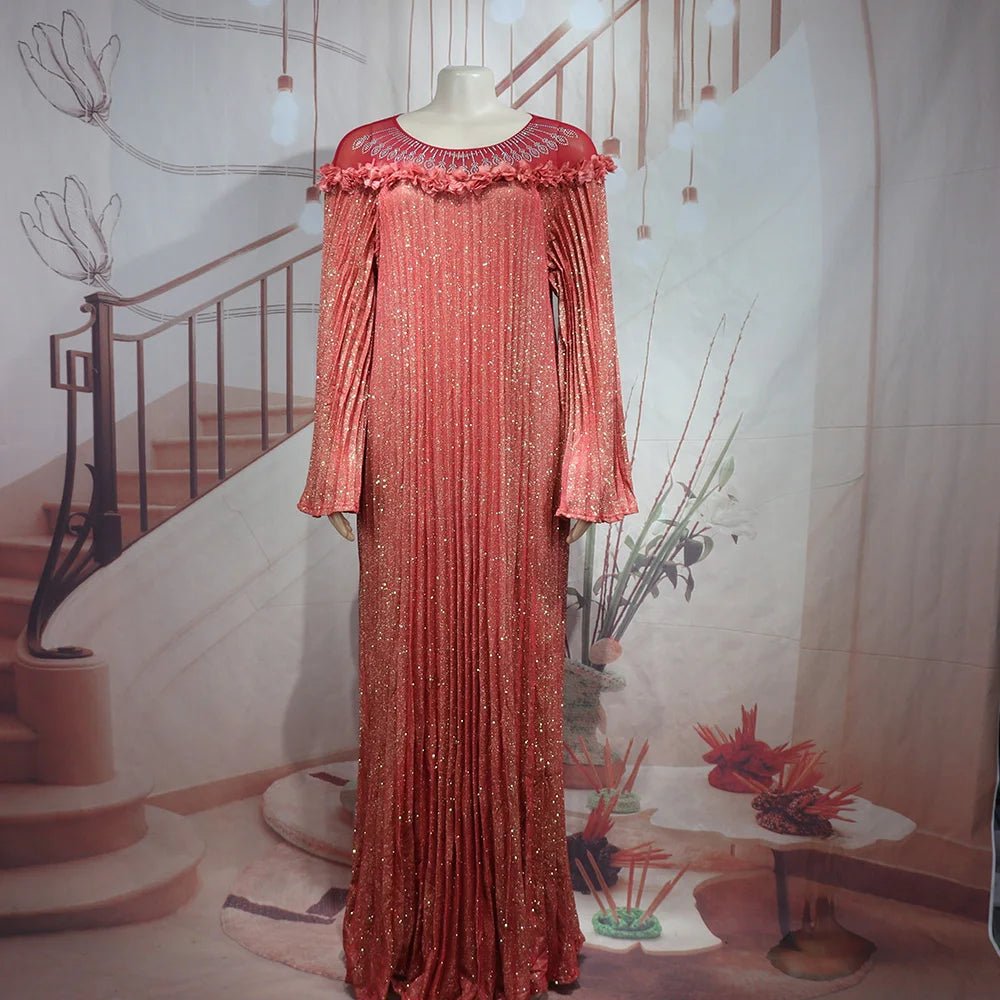 Luxury African Boubou Dress for Women – Classical Elegance Rhodochrosite Design with Folded Pleats - Free Delivery Worldwide only at Flexi Africa