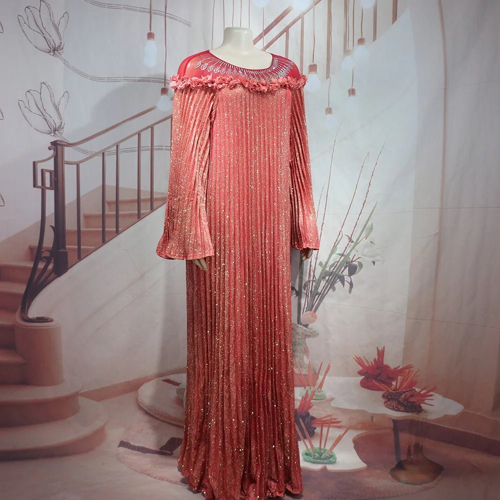 Luxury African Boubou Dress for Women – Classical Elegance Rhodochrosite Design with Folded Pleats - Free Delivery Worldwide only at Flexi Africa
