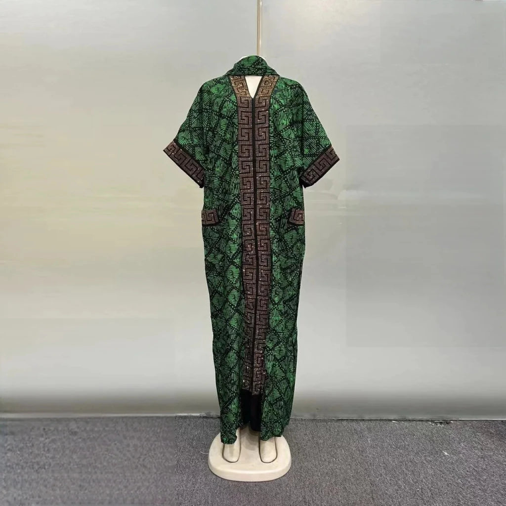 Luxury African Print Bubu Dress – V - Neck Loose Evening Gown with Rhinestone Pocket - Free Delivery Worldwide only at Flexi Africa