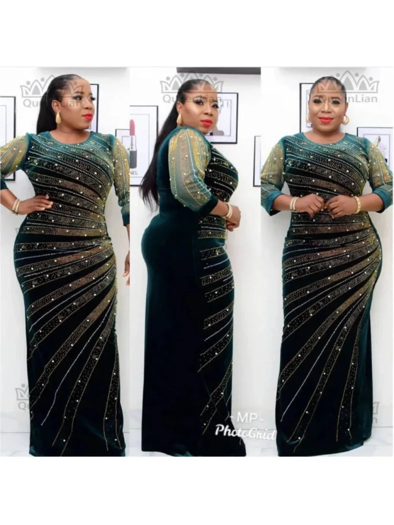 Luxury African Velvet Dress for Women – Pearl Diamond Embellished Long Tight Fashion Dress - Free Delivery Worldwide only at Flexi Africa