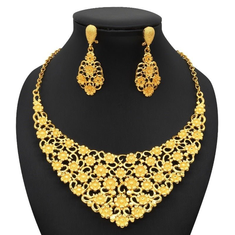 Luxury Plated Jewelry Set For Women Bridal Wedding Necklace And Earrings Set African Necklace Choker Gifts - Flexi Africa