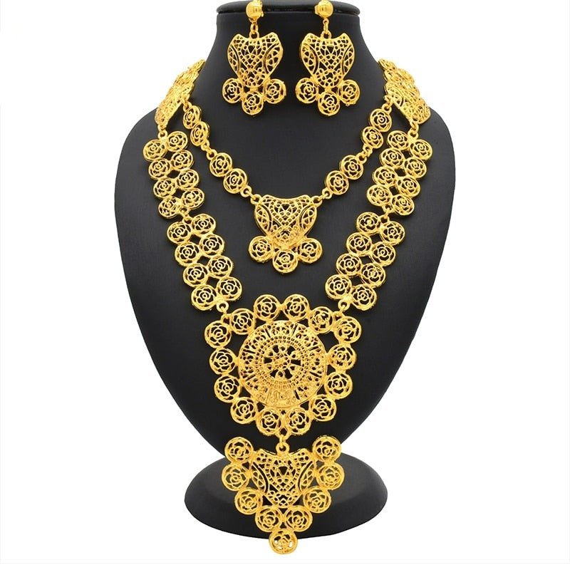 Luxury Plated Jewelry Set For Women Bridal Wedding Necklace And Earrings Set African Necklace Choker Gifts - Flexi Africa