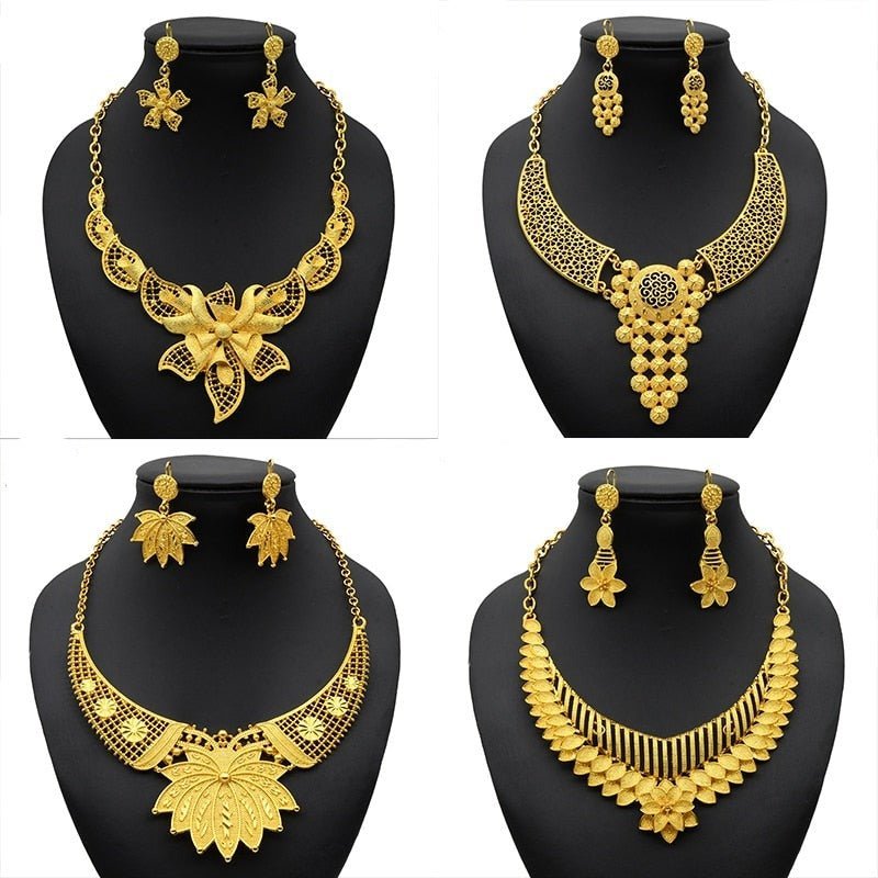 Luxury Plated Jewelry Set For Women Bridal Wedding Necklace And Earrings Set African Necklace Choker Gifts - Flexi Africa