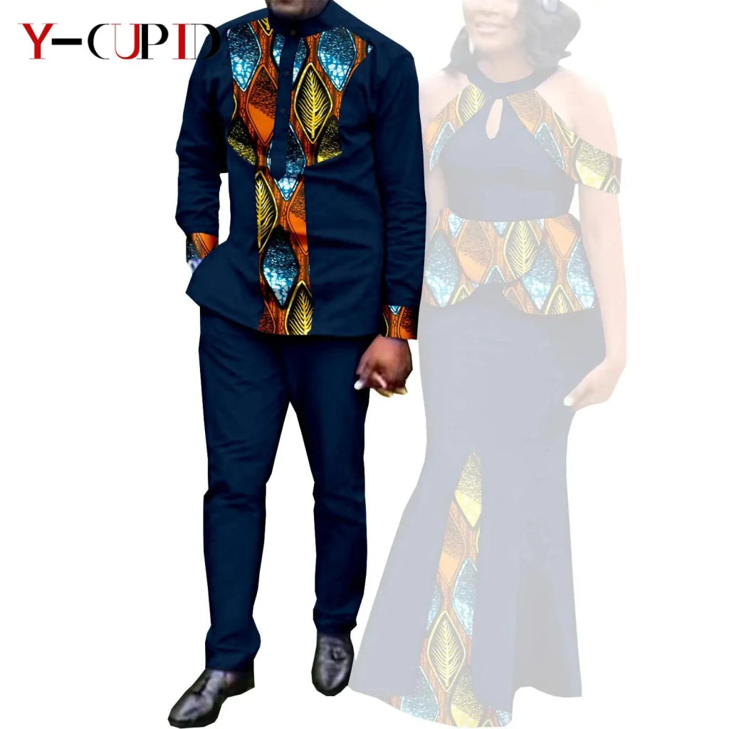 Buy Matching Bazin African Couple Attire – Women’s Mermaid Dress & Men’s Shirt Pant Set for only $67.83 at Flexi Africa!