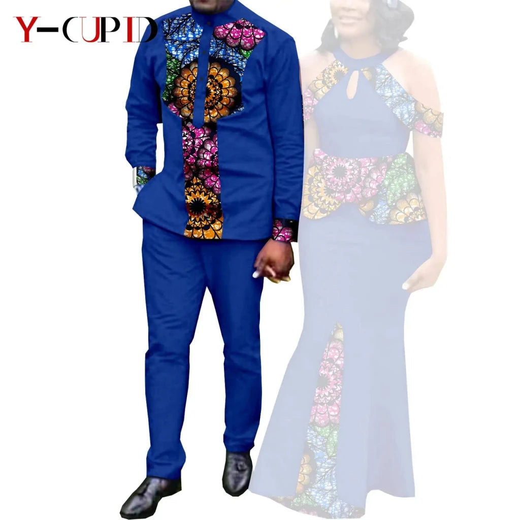 Buy Matching Bazin African Couple Attire – Women’s Mermaid Dress & Men’s Shirt Pant Set for only $67.83 at Flexi Africa!