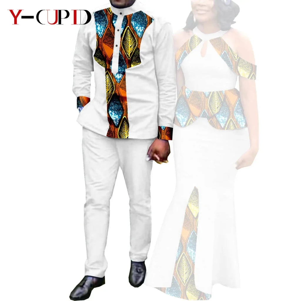 Buy Matching Bazin African Couple Attire – Women’s Mermaid Dress & Men’s Shirt Pant Set for only $67.83 at Flexi Africa!