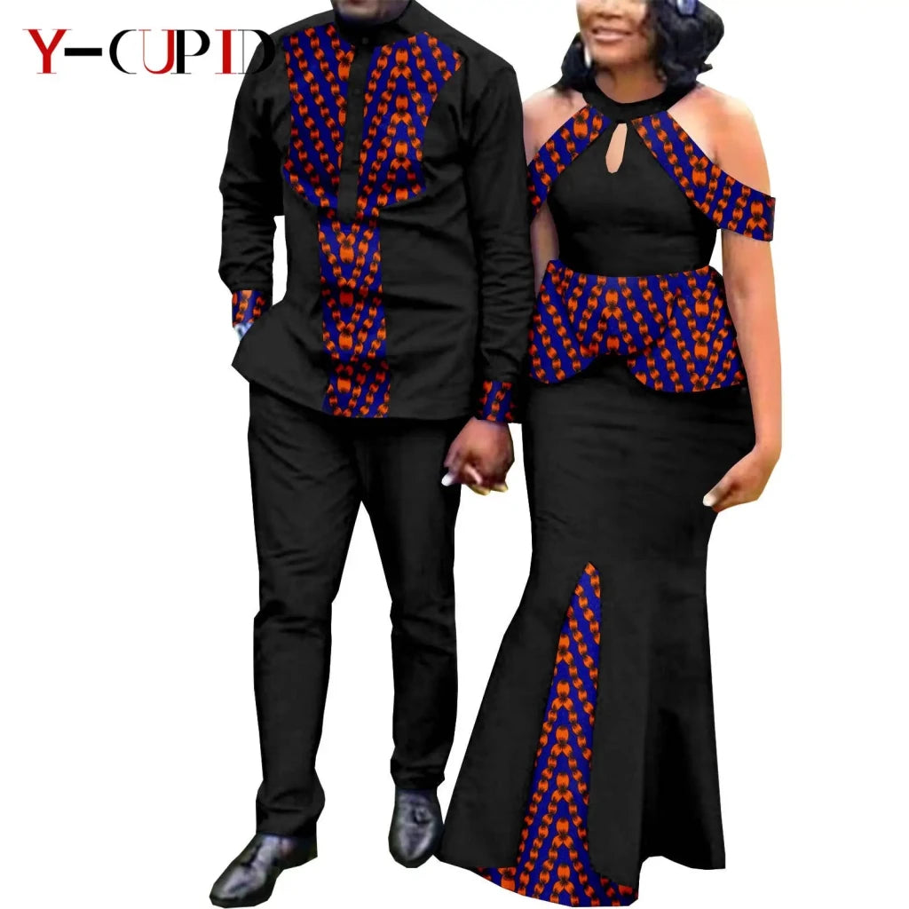 Buy Matching Bazin African Couple Attire – Women’s Mermaid Dress & Men’s Shirt Pant Set for only $67.83 at Flexi Africa!