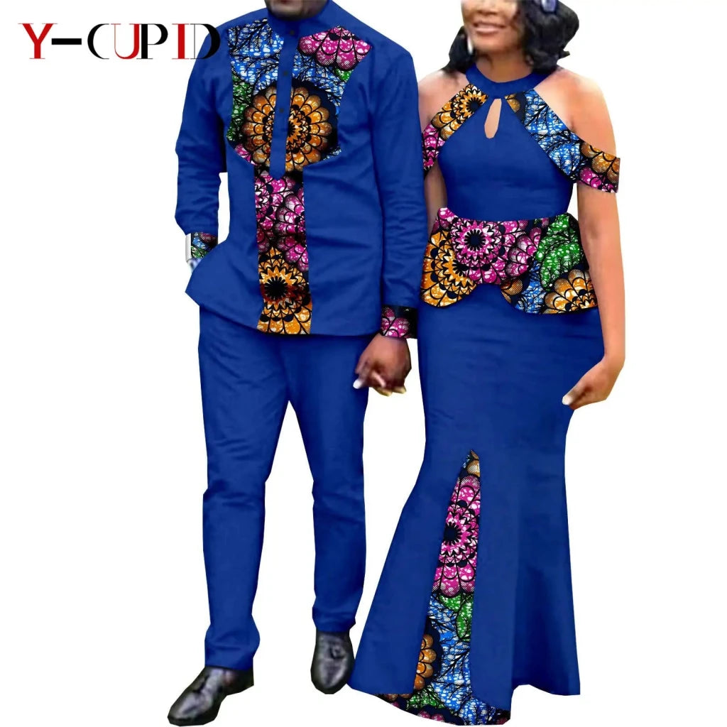 Buy Matching Bazin African Couple Attire – Women’s Mermaid Dress & Men’s Shirt Pant Set for only $67.83 at Flexi Africa!