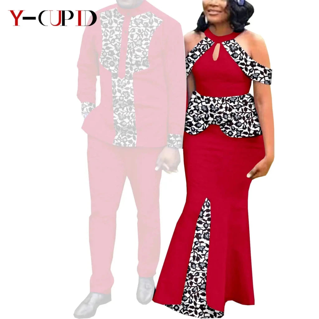 Buy Matching Bazin African Couple Attire – Women’s Mermaid Dress & Men’s Shirt Pant Set for only $67.83 at Flexi Africa!
