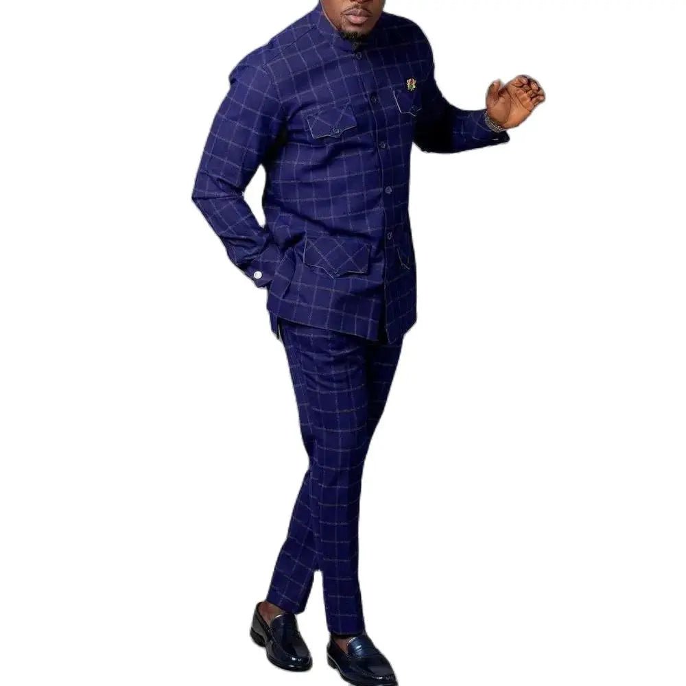 Men’s African Tuxedo Suit – 2PC Plaid Dashiki Set with Stand Collar for Weddings - Free Delivery Worldwide only at Flexi Africa