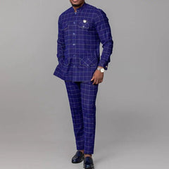 Men’s African Tuxedo Suit – 2PC Plaid Dashiki Set with Stand Collar for Weddings - Free Delivery Worldwide only at Flexi Africa